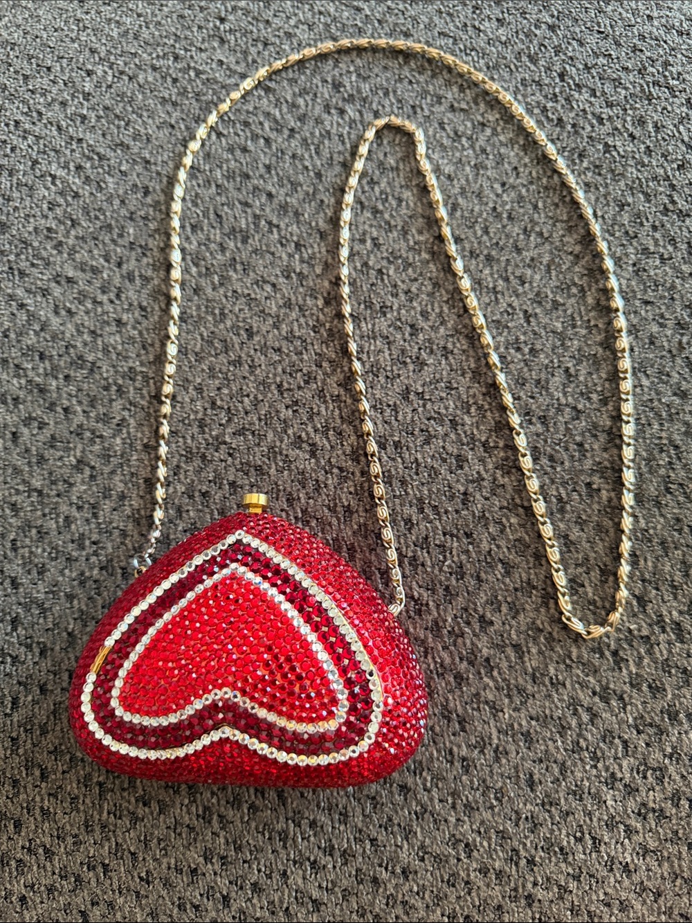 Jimmy Crystal New York Red Heart Crystal Evening Bag with Gold Chain